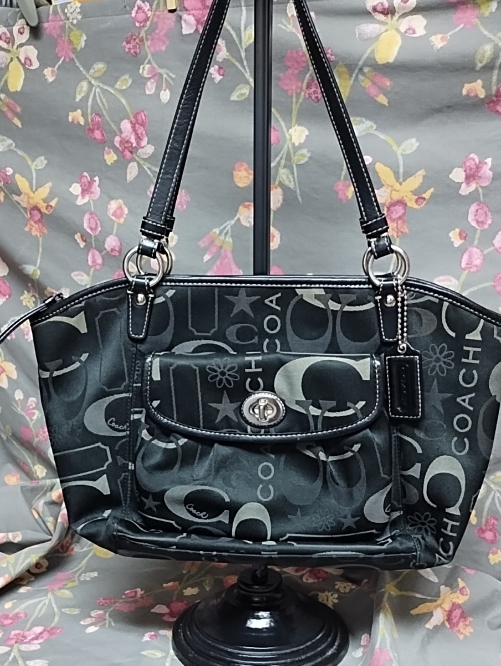 VTG Leah Coach Black Signature Logo Shoulder Bag with Turnlock, PLUSH NOT INCLUD - Picture 12 of 14